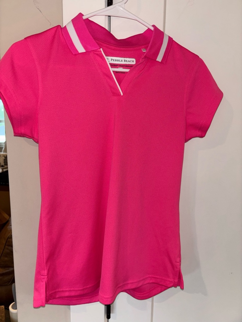 Pebble Beach Hot Pink Women’s Golf Polo with White Collar Stripe